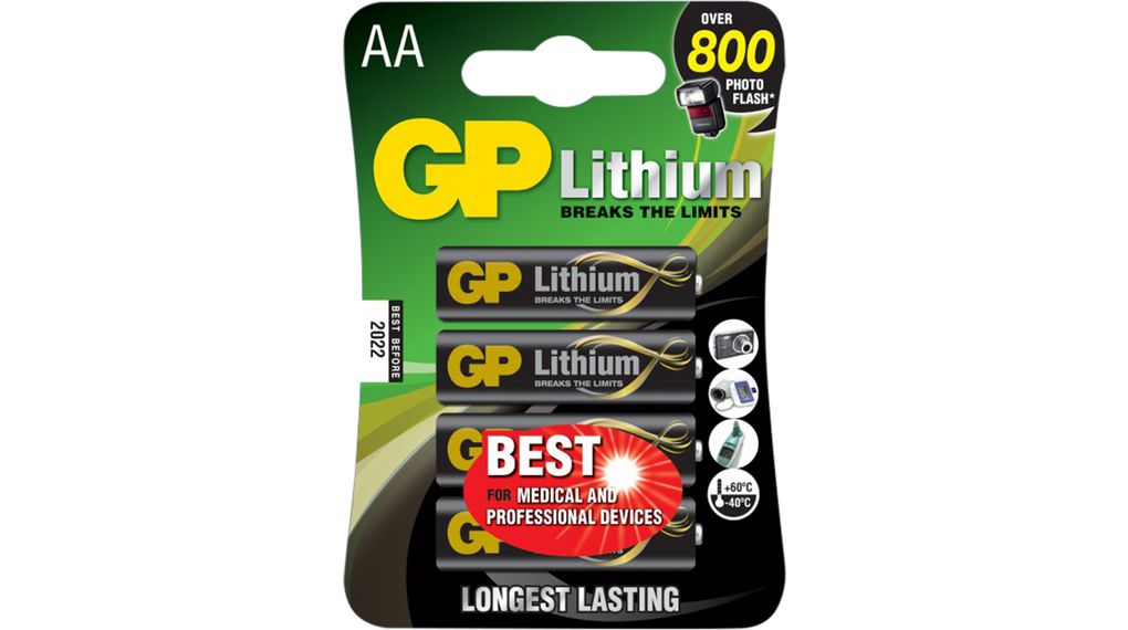 Primärbatterie, Lithium, AA, 1.5V, Lithium, Packung à 4 Stück
